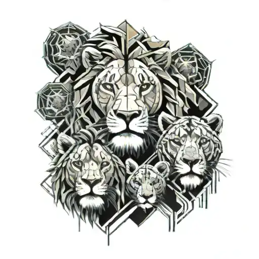 lion with lioness surrounded with 3 cubs face only tattoo design idea