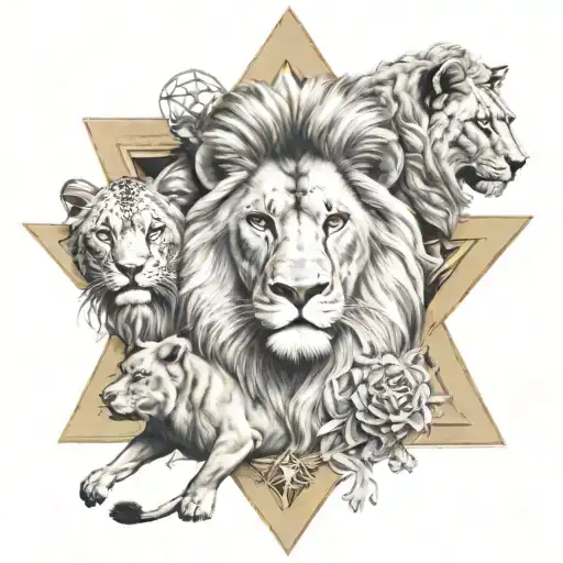 Please make me a realistic tattoo of a lion with three small lions and a lioness next to them all inside a Star of David tattoo design idea