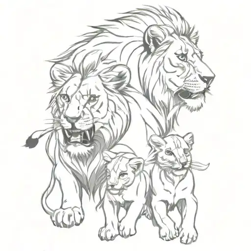 one lion roaring, one lioness roaring, 3 lion cubs  tattoo design idea