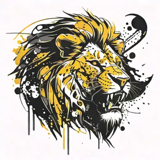 angry lion head painted in black and yellow tattoo design idea