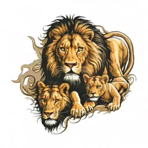 lion and lioness protecting her cubs tattoo design idea
