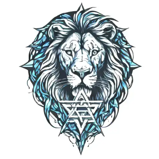 One roaring lion, next to it a roaring lioness, below them 3 small roaring lions and around a Star of David tattoo design idea