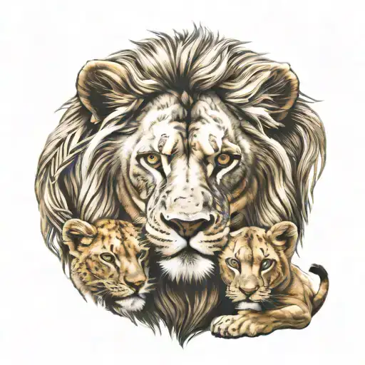 lion and lioness protecting 3 cubs face only tattoo design idea