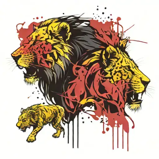 angry lion head painted in black and yellow with 3 cubs tattoo design idea