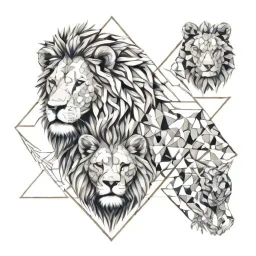 lion with lioness surrounded with 3 cubs face only tattoo design idea