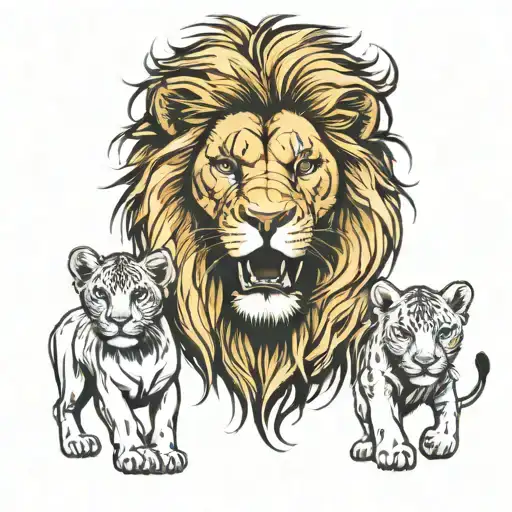 lion with lioness surrounded with 3 cubs face only tattoo design idea