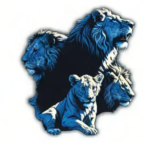lion and lioness protecting 3 cubs face only tattoo design idea