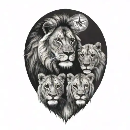 lion and a lioness and below them 3 small lions, in addition the tattoo is surrounded by a Star of David with the menora tattoo design idea