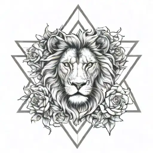 Please make me a realistic tattoo of a lion with three small lions and a lioness next to them all inside a Star of David tattoo design idea