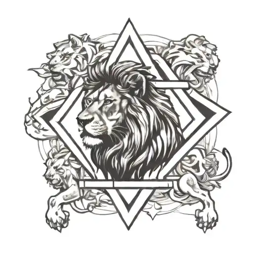 Please make me a realistic tattoo of a lion with three small lions and a lioness next to them all inside a Star of David tattoo design idea