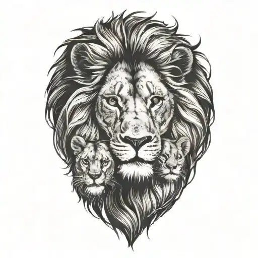 lion+lioness+3 cubs face only tattoo design idea