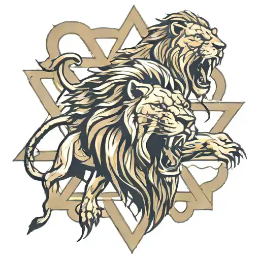 One roaring lion, next to it a roaring lioness, below them 3 small roaring lions and around a Star of David tattoo design idea