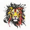 angry lion head painted in black and yellow with 3 cubs tattoo design idea