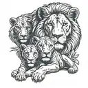 lion with lioness surrounded with 3 cubs face only tattoo design idea