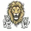 lion with lioness surrounded with 3 cubs face only tattoo design idea
