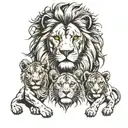 lion with lioness surrounded with 3 cubs face only tattoo design idea