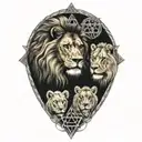 lion and a lioness and below them 3 small lions, in addition the tattoo is surrounded by a Star of David with the menora tattoo design idea