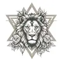 Please make me a realistic tattoo of a lion with three small lions and a lioness next to them all inside a Star of David tattoo design idea