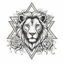 Please make me a realistic tattoo of a lion with three small lions and a lioness next to them all inside a Star of David tattoo design idea