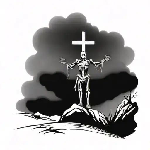 Black and white. Image of a dominant heroic skeleton figure standing on a mountain with a catholic cross. Next to a Iber tattoo design idea