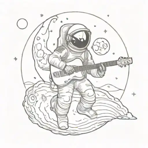 An astronaut playing a guitar on the moon, combining the client's fascination with space and music tattoo design idea