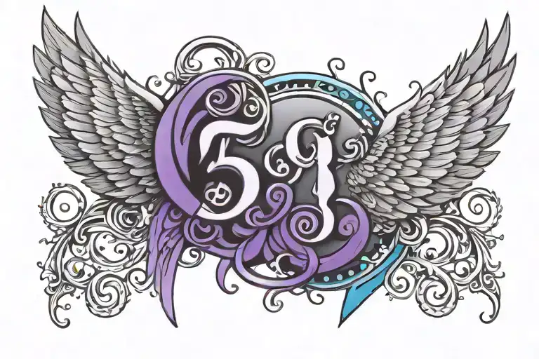 number 58 purple and blue  with wing spread  tattoo design idea