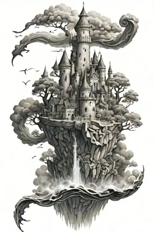 I'm looking for a black and gray tattoo with the main background something similar to Eric's castle and ocean scene from tattoo design idea