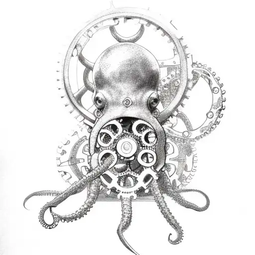 Mechanical octopus with gears and pipes tattoo design idea