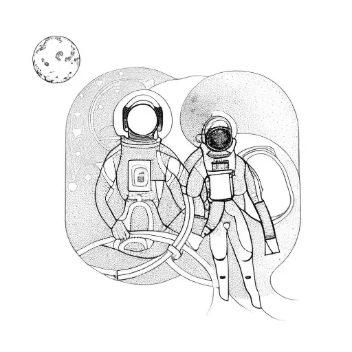 A cosmic interpretation of the Unbearable Lightness Of Being, with a diver and an astronaut intertwined in a blackwork design tattoo design idea
