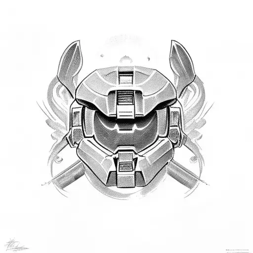 Halo Jefe maestro cuerpo completo con una palabra que diga demonio escrito en chino  tattoo design idea