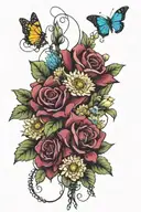 flower bouquet with lily sunflower hydrangeas hollyhock daisy's tied together with barb wire. family tattoo design idea