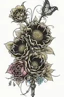 flower bouquet with lily sunflower hydrangeas hollyhock daisy's tied together with barb wire. family tattoo design idea