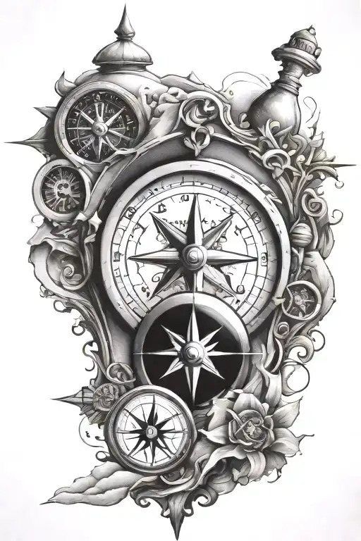 sand clock and compass design combining elements tattoo design idea