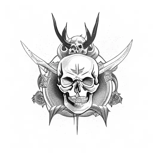 Skull with devil horns playing electric guitar tattoo design idea