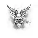 Skull with devil horns playing electric guitar tattoo design idea