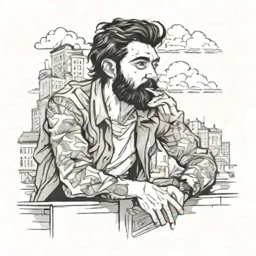 young man with black hair and beard smokes sitting on a low wall against a city background tattoo design idea