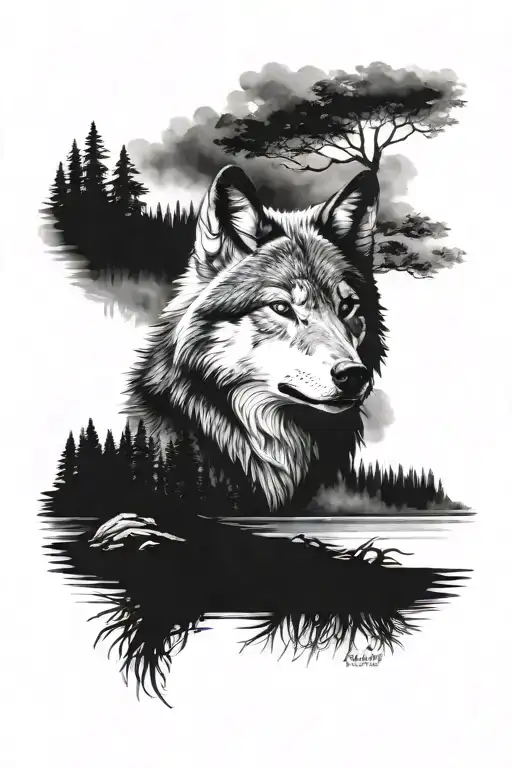 Realistic black and white full arm sleeve tattoo design featuring a detailed wolf in a nature setting with a lake, treea tattoo design idea