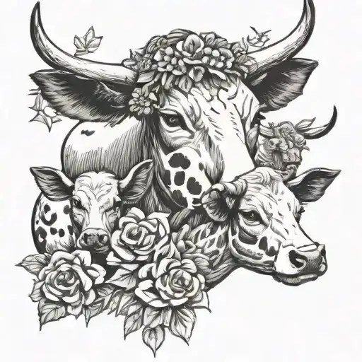 mother cow wearing a flower crown with two calves laying down tattoo design idea