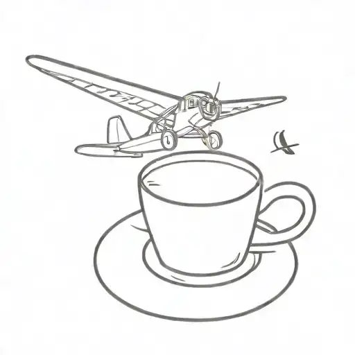 A minimalist tattoo design of a coffee cup with a small plane flying above it, symbolizing the client's love for coffee and aviation tattoo design idea