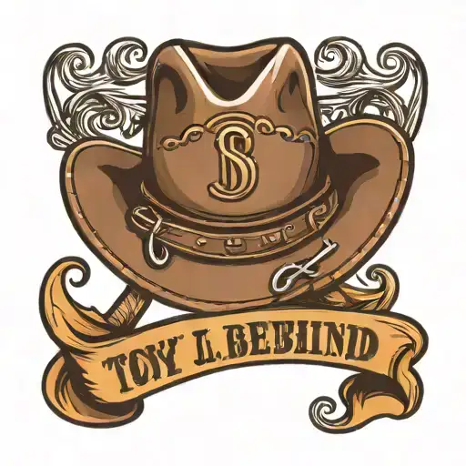 No toy left behind in bold cursive font with woodt cowboy hat hanging on the d tattoo design idea