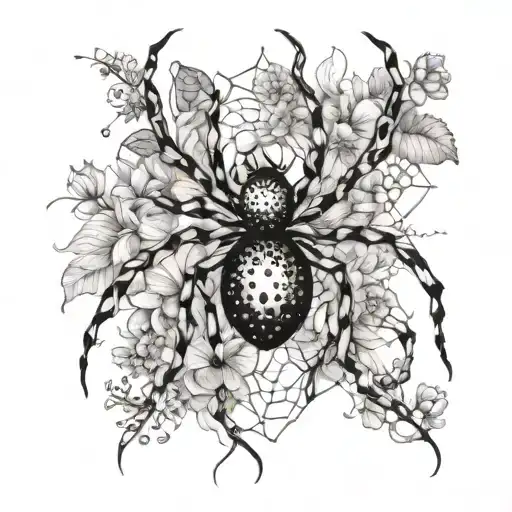 An abstract representation of a spider crawling through a field of flowers, blending the beauty of nature with the mysterious allure of spiders tattoo design idea