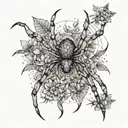 An abstract representation of a spider crawling through a field of flowers, blending the beauty of nature with the mysterious allure of spiders tattoo design idea
