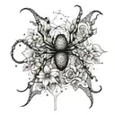 An abstract representation of a spider crawling through a field of flowers, blending the beauty of nature with the mysterious allure of spiders tattoo design idea