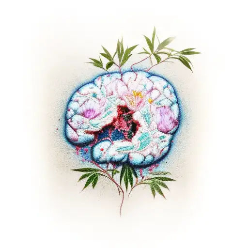 A kintsugi-inspired brain with peonies growing out of it tattoo design idea