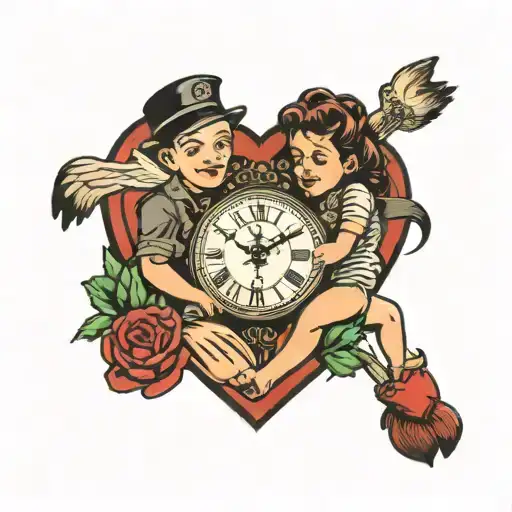 2 clocks in between family with 2 children girl on shoulders baby hidden in air heart mi M&N tattoo design idea