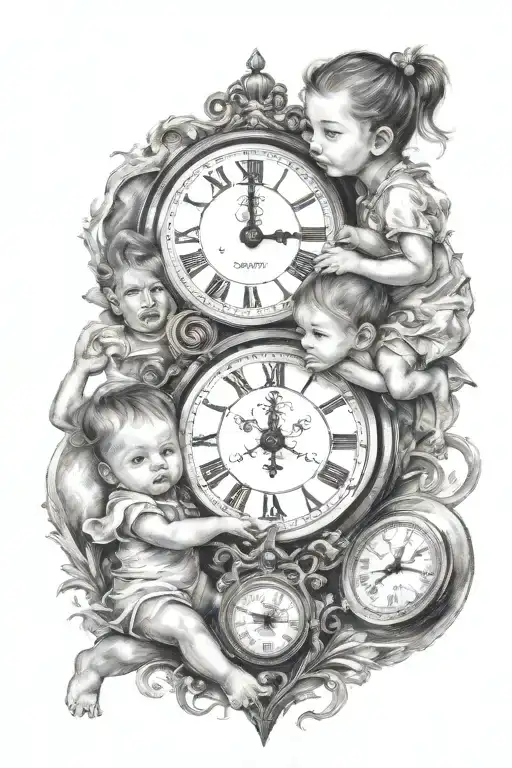 2 clocks in between family with 2 children girl on shoulders baby hidden in air heart within M&N tattoo design idea