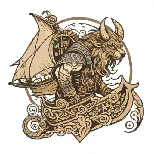 viking with bear head and ship below  tattoo design idea