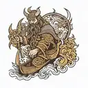 viking with bear head and ship below  tattoo design idea