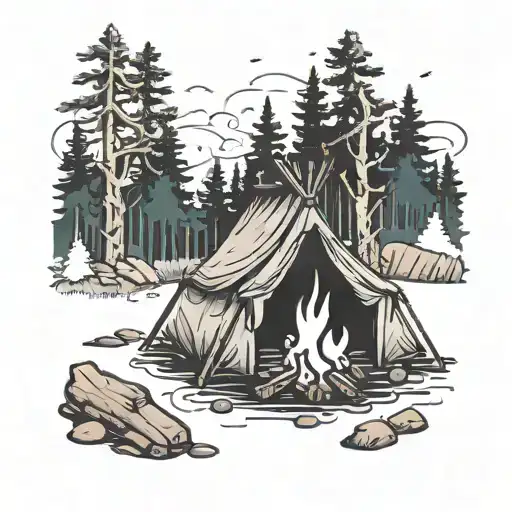 camp fire in the woods surrounded tattoo design idea