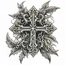 A cross wrapped in thorns with tthe words The sins of the many do not make the few tattoo design idea